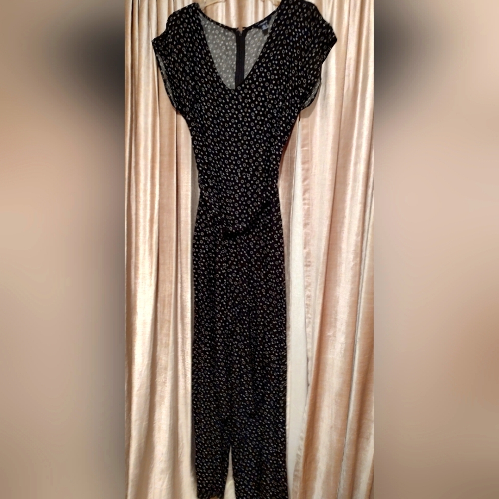Chaps Black and White Belted Polka Dot Jumpsuit, Size 12